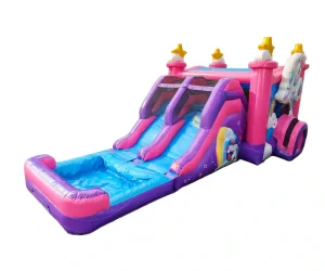unicorn pink rainbow inflatable bounce house combo with pool (2)