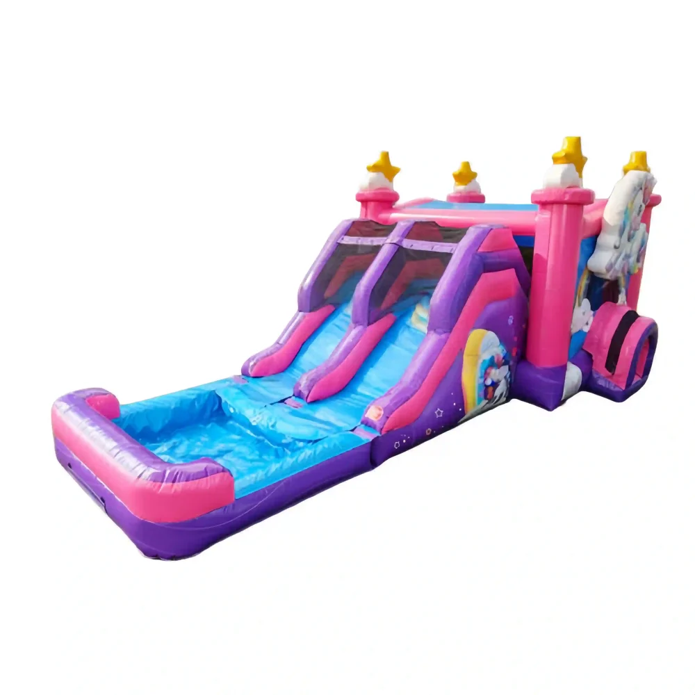 unicorn pink rainbow inflatable bounce house combo with pool (2)