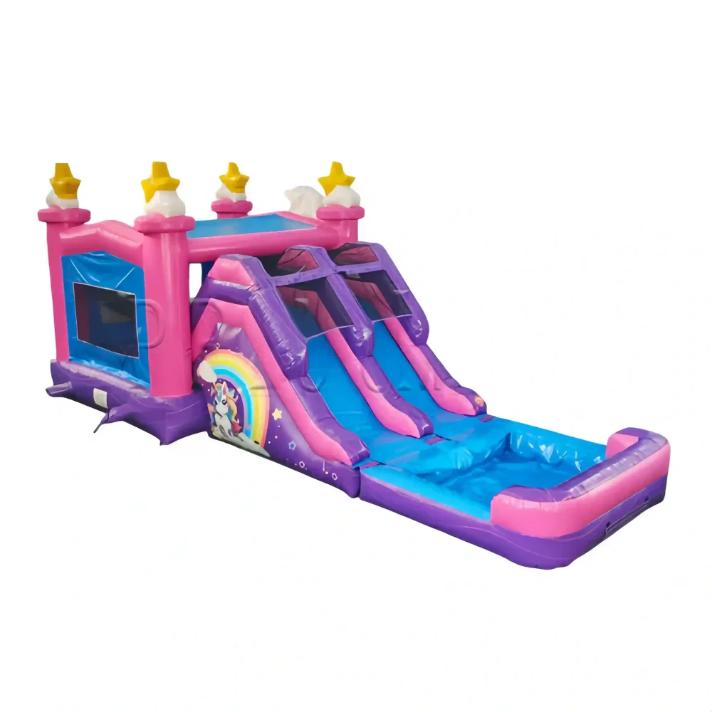 unicorn pink rainbow inflatable bounce house combo with pool