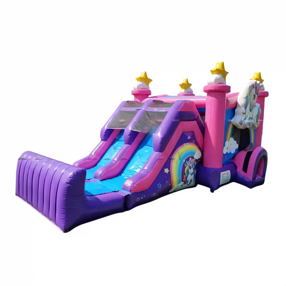 unicorn pink rainbow inflatable bounce house combo with stopper